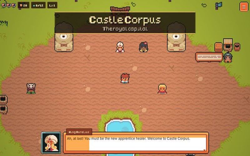 Kingdom of Corpus game screen: King Aurelius welcomes the new apprentice healer to the pixel art courtyard of Castle Corpus