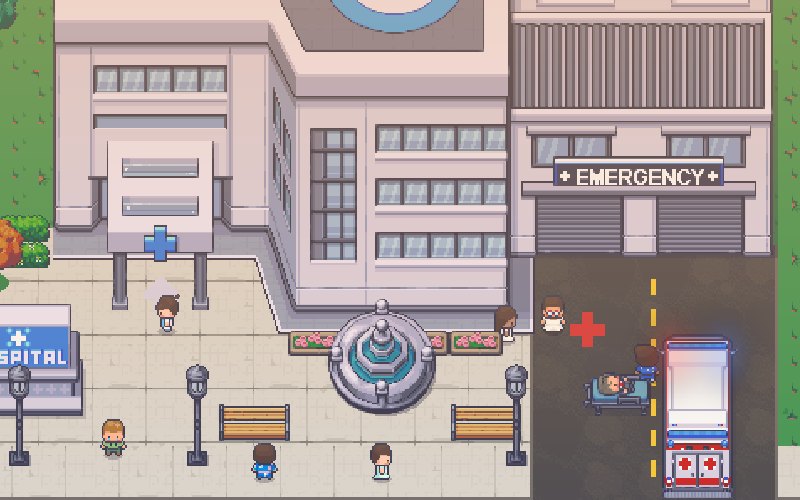 Medical Mystery Grand game screen: a pixel art hospital where an ambulance brings a patient to the emergency entrance