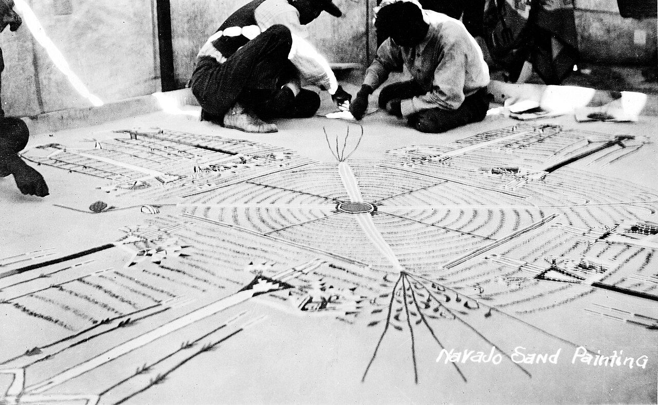 A Navajo (DinΓ©) sandpainting made of colored sands laid out on the ground for a healing ceremony