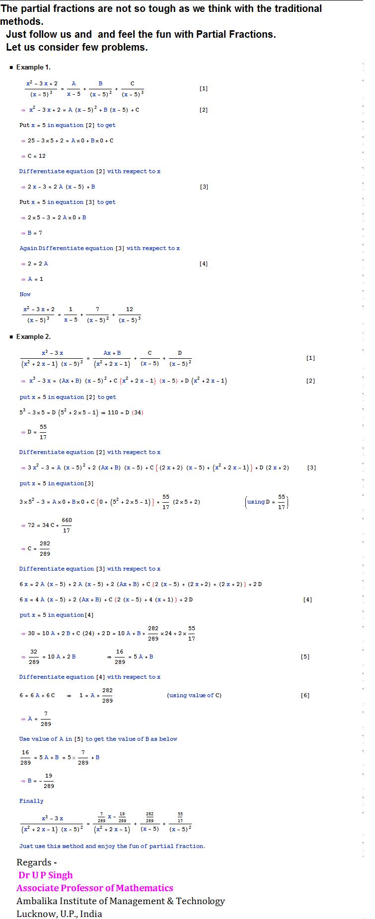 A rational expression written as a sum of simpler fractions over common factors