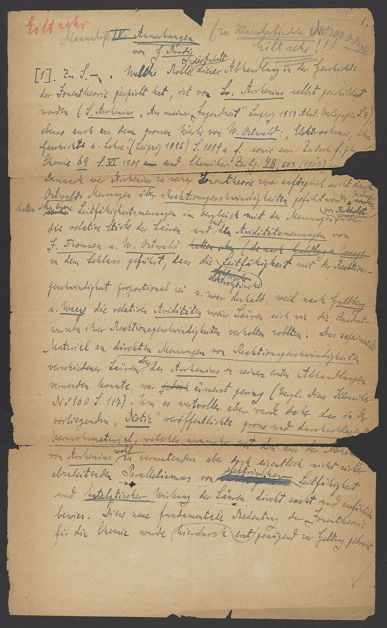 A handwritten manuscript page heavily marked with crossings-out, arrows and inserted lines between the original rows of text