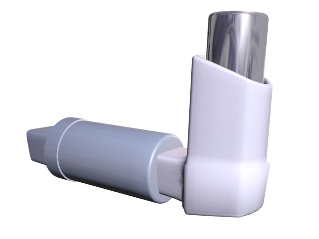 Three-dimensional render of a pressurised metered-dose inhaler fitted into a valved holding chamber, or spacer.