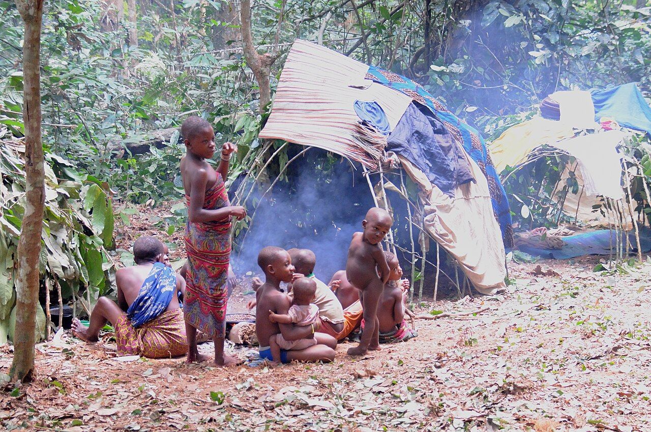 A BaAka forager family at a forest camp in Dzanga-Sangha, Central African Republic