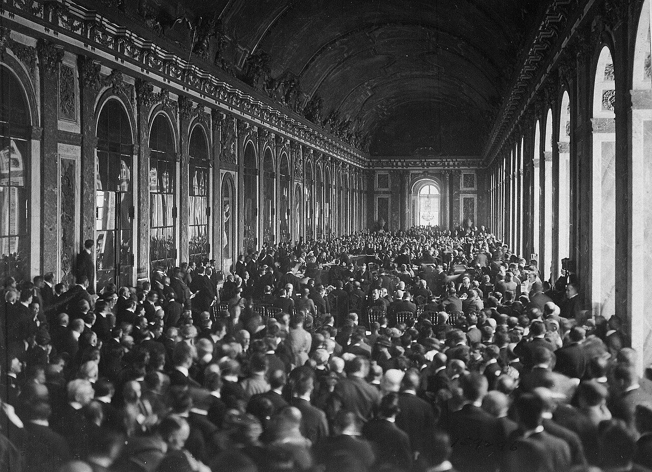 The Treaty of Versailles was signed in the Hall of Mirrors on 28 June 1919, five years to the day after Sarajevo.